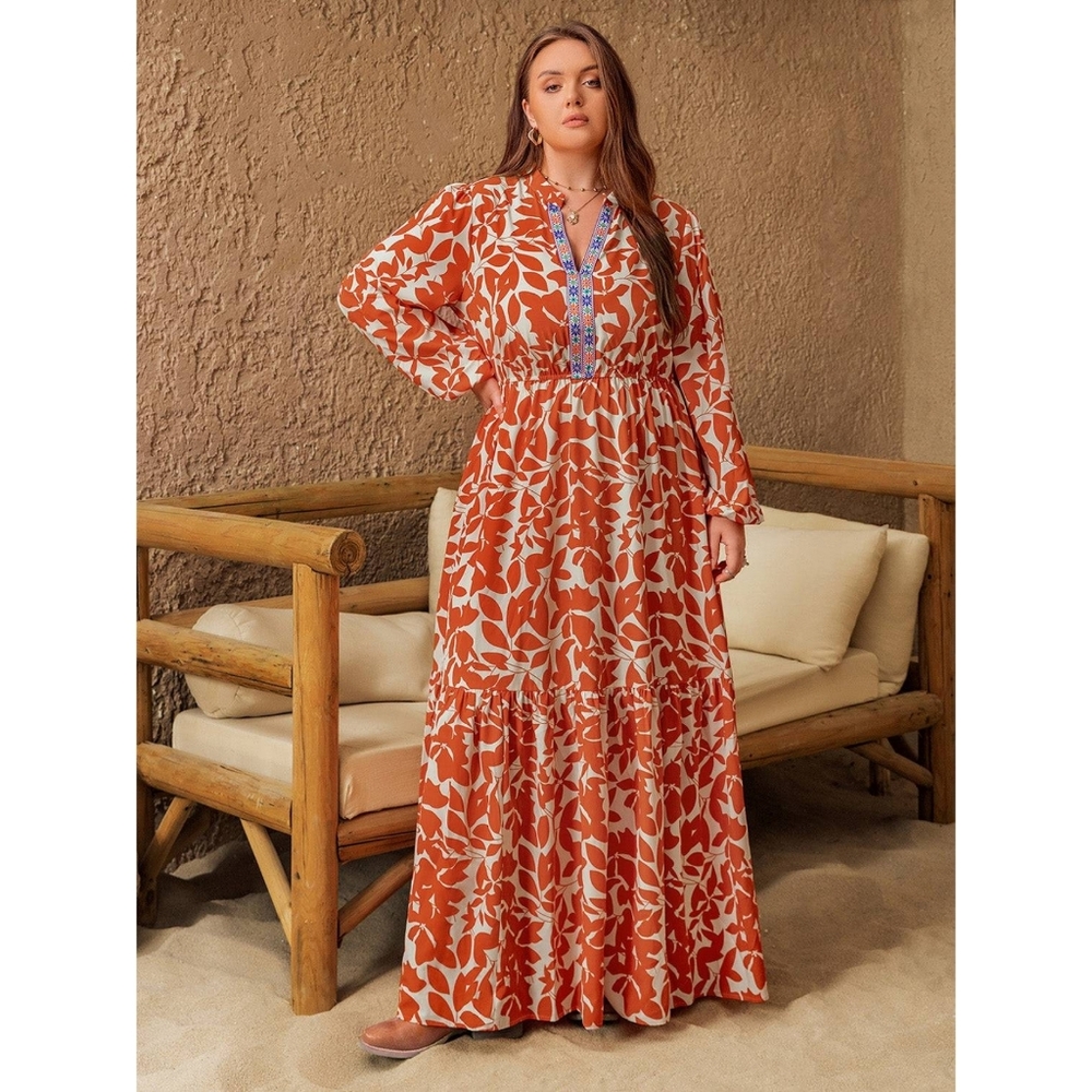 Rustty Dusty Printed Notched‎ Long Sleeve Maxi Dress Size 1XL - Picture 2 of 14